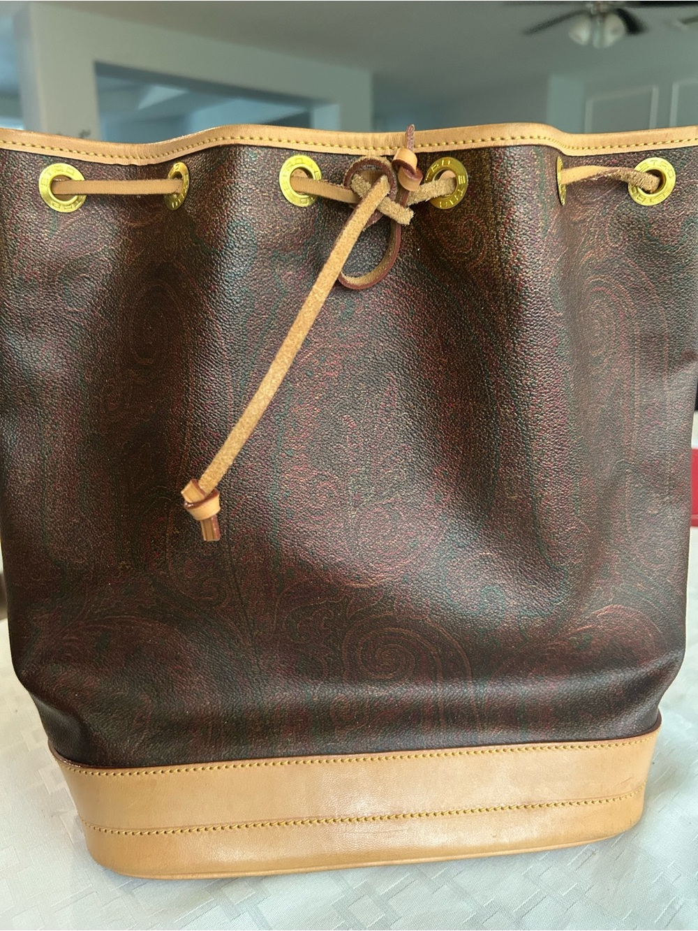 ETRO Brown Paisley Drawstring Shoulder Bag with Tan Trim